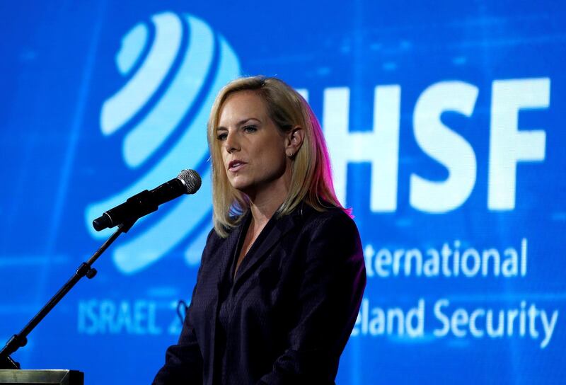 FILE PHOTO: U.S. Secretary of Homeland Security Kirstjen Nielsen speaks during the International Homeland Security Forum conference in Jerusalem, June 12, 2018. REUTERS/Ronen Zvulun/File photo