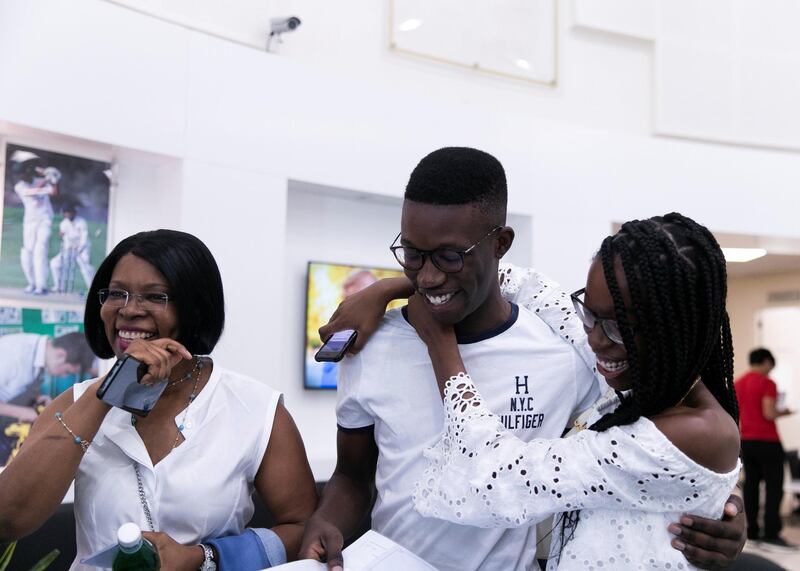 DUBAI, UNITED ARAB EMIRATES. 15 AUGUST 2019. 
Kazal Oshodi reacts to his top performance in A-Level at Jumeirah College school.
(Photo: Reem Mohammed/The National)

Reporter:
Section: