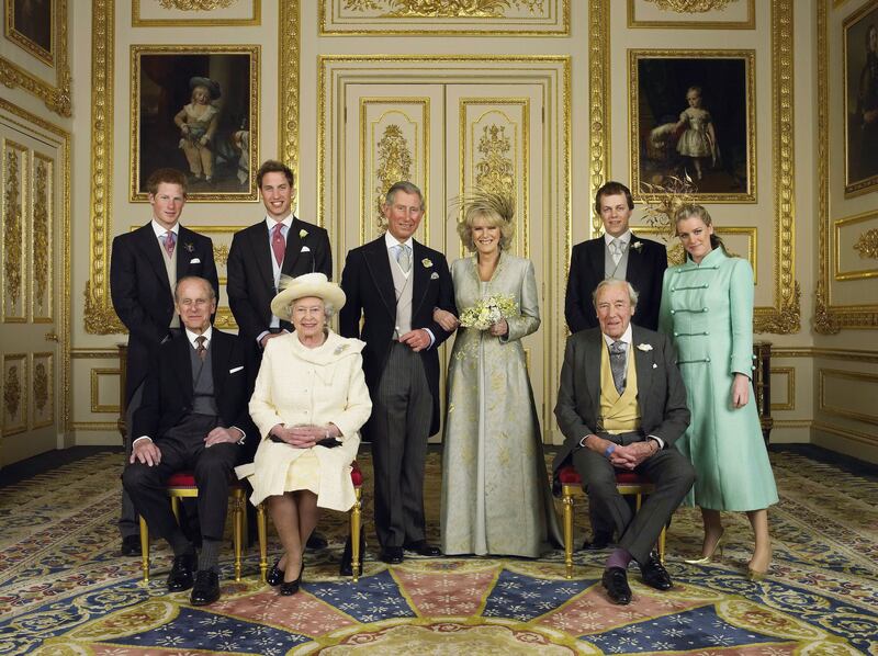 2005: Prince William, second left back row, poses with the royal family at Windsor Castle after Prince Charles and Camilla, Duchess of Cornwall's wedding ceremony. Getty Images