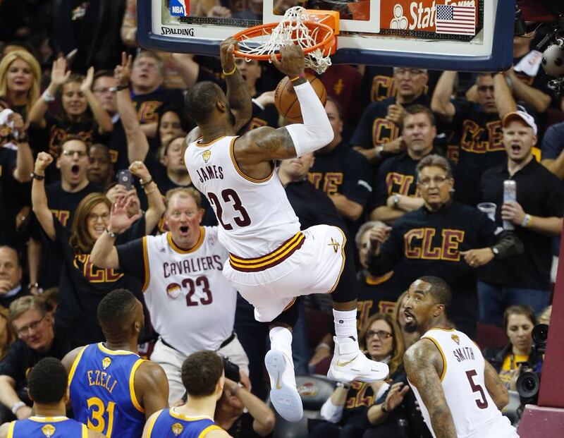 Cleveland Cavaliers forward LeBron James dunks the ball against the Golden State Warriors during Game 6 of the NBA Finals in Cleveland, Ohio on June 16, 2016. Emirates is reportedly in talks to move into NBA sponsorship. Jay LaPrete / AFP

