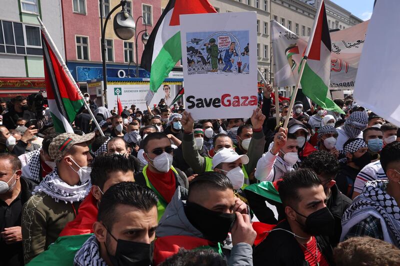 Protesters gather at Hermannplatz to march on Nakba Day to demonstrate for the rights of Palestinians in Berlin, Germany. Getty Images