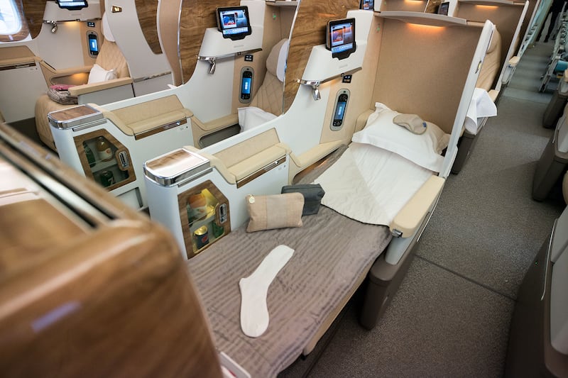 Emirates business class. The Dubai airline scored particularly highly for airport experience, entertainment and amenities. Emirates and Etihad tied in fifth place. Photo: Emirates