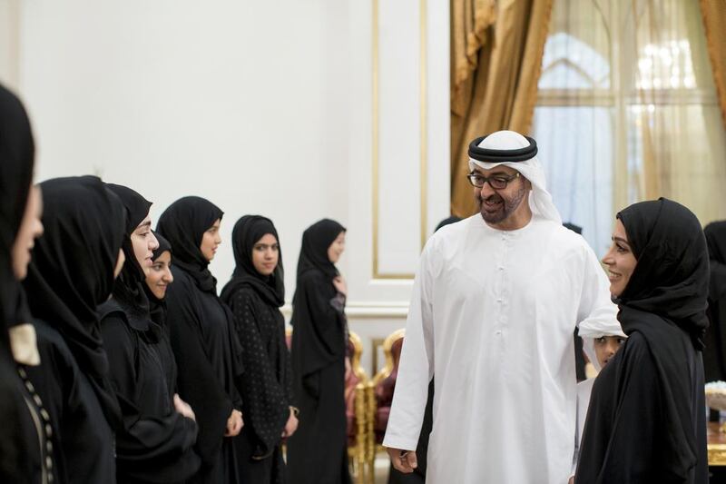 Sheikh Mohammed greets students participating in the UAE Youth Ambassadors Programme, which gives Emirati students the opportunity to study in South Korea and China. Ryan Carter / Crown Prince Court — Abu Dhabi