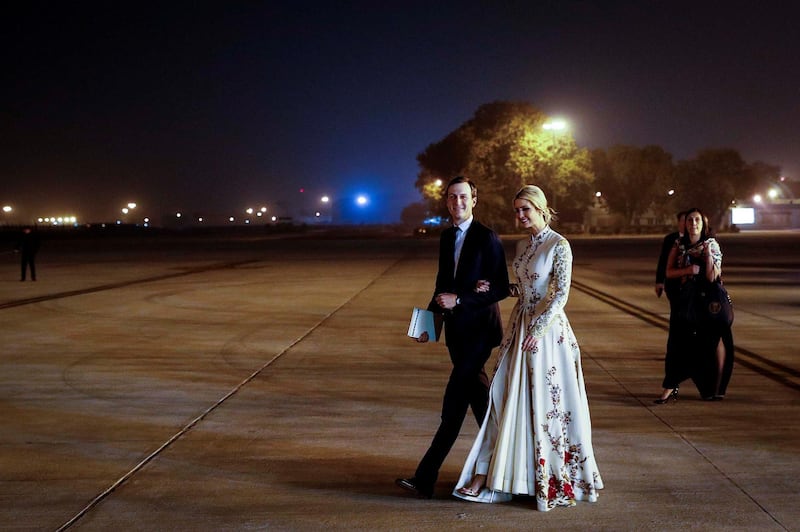 Ivanka Trump in an embroidered and flowing anarkali suit with a bandhgala collar is a design by New Delhi-designer Rohit Bal. Reuters
