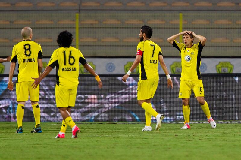 Dubai, United Arab Emirates, October 28, 2012:   Al Wasl's Emiliano Alfaro, right, reacts after his goal was called back due to being offside against Al Dhafra during the first half of their Pro League match at Zabeel Stadium in Dubai on October 28, 2012. Christopher Pike / The National