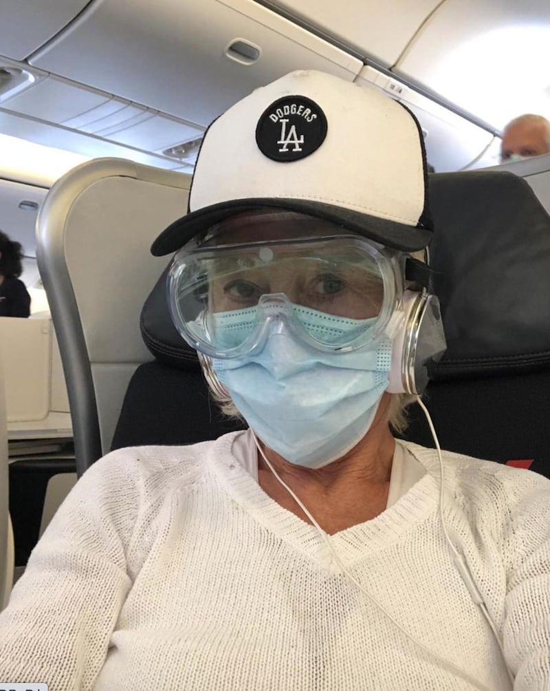 Dame Helen Mirren wore safety goggles and a surgical mask on a flight. Instagram / @helenmirren