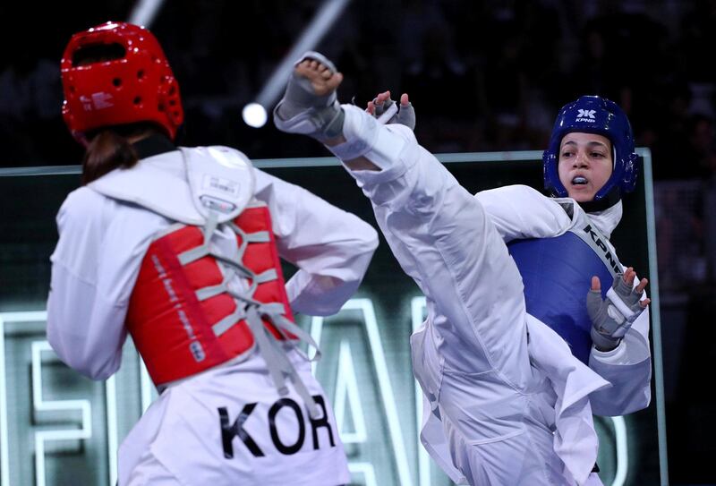 Hedaya Malak (EGY) and Jan-Di Kim (KOR) in action during the World Taekwondo Grand Prix women -67kg semifinal at Foro Italico of Rome, Italy on June 7, 2019
 (Photo by Matteo Ciambelli/NurPhoto via Getty Images)