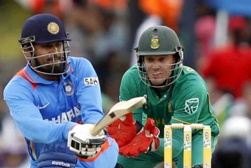 India's Yusuf Pathan plays a shot during their fifth and final one day international cricket match against South Africa at Supersport park stadium in Centurion, January 23, 2011. REUTERS/Siphiwe Sibeko (SOUTH AFRICA - Tags: SPORT CRICKET)