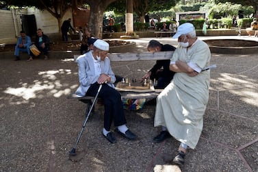 Retired Algerian men play chess in the Taleb Abderhaman' parc in Bab El-Oued, Algiers on October 22, 2020. The country goes to the polls today to vote on a new constitution which according to the government guarantees political freedoms. AFP photo