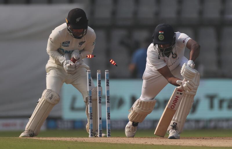 India's Ravichandran Ashwin is bowled for a first-bacll duck by Ajaz Patel. AP