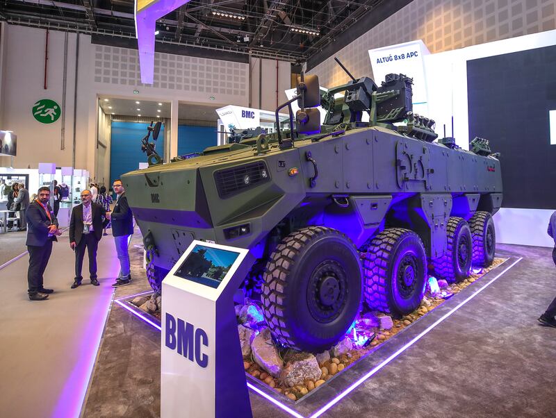 A bulky armed personnel carrier