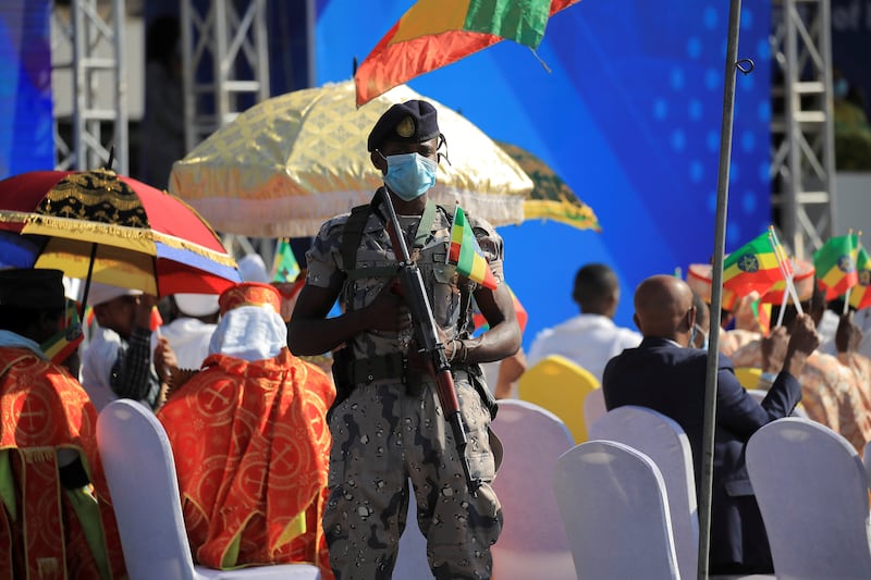 A police officer stands guard during a pro-government rally in Addis Ababa. Reuters