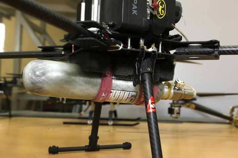A hydrogen filled canister carried by the drone under its belly. The drone can fly as along as 3 hours, unlike the battery operated drones they only last for about 15 minutes, at the school’s Aeronautics Laboratory in American University of Sharjah. Jeffrey E Biteng / The National