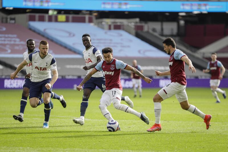Jesse Lingard scores against Tottenham Hotspur in London. EPA