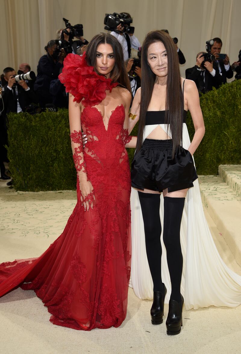 Emily Ratajkowski, in Vera Wang, and designer Vera Wang at the 2021 Met Gala. AP