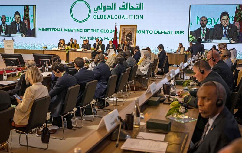 Morocco's Foreign Minister Nasser Bourita speaks during the ministerial meeting of the Global Coalition to Defeat ISIS in Marrakesh.  AFP