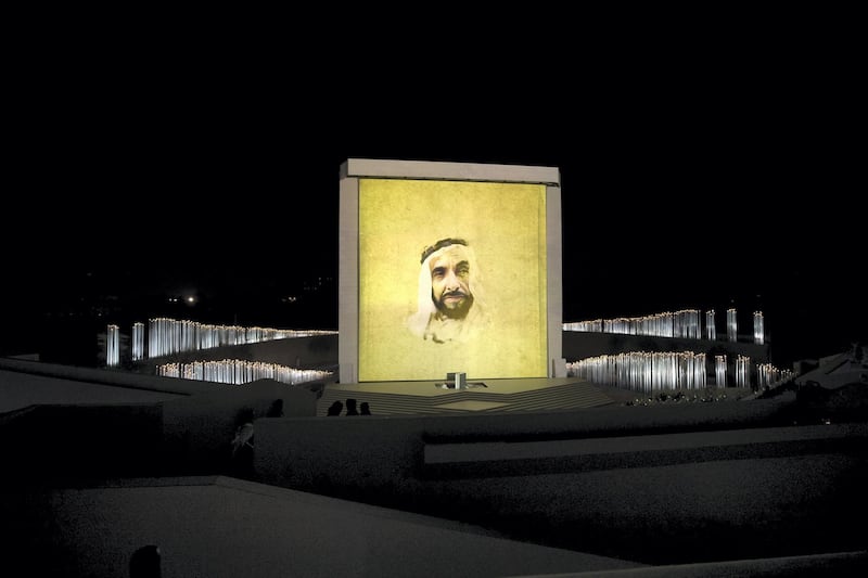 ABU DHABI, UNITED ARAB EMIRATES - February 26, 2018: A photograph of HH Sheikh Zayed bin Sultan bin Zayed Al Nahyan, President of the United Arab Emirates is displayed during the inauguration of The Founder's Memorial.

(  Hamad Al Mansoori for The Crown Prince Court - Abu Dhabi )
---