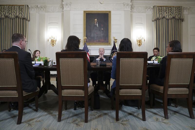 US President Joe Biden, centre, during a meeting of the Task Force on Reproductive Healthcare Access in the State Dining Room of the White House, on October 4, 2022. Bloomberg
