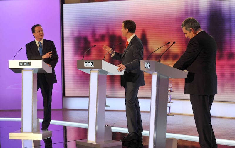 Former Conservative Party leader David Cameron, Liberal Democrat leader Mr Clegg and then-Prime Minister Gordon Brown debate during the third and final leader's debate in Birmingham in 2010. Getty Images