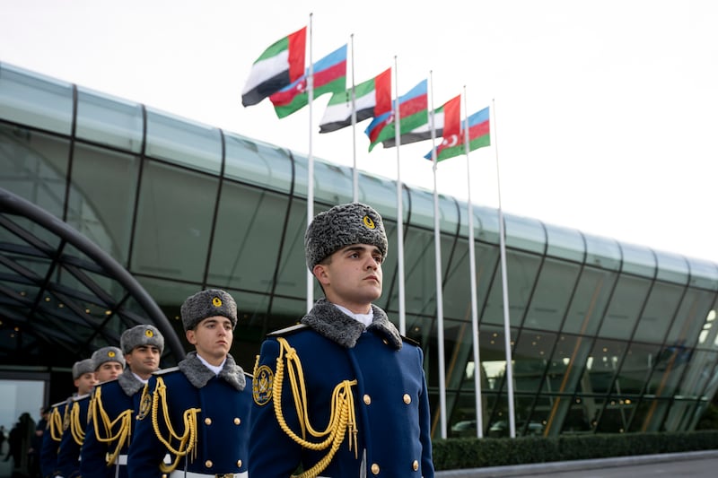 The Azerbaijan guard of honour awaits the arrival of President Sheikh Mohamed