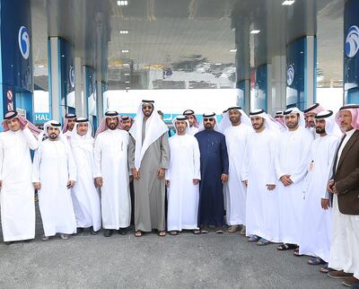 UAE ambassador to Saudi Arabia Sheikh Shakhbout bin Nahyan Al Nahyan and Mr Al Rashdi at the opening of the station in the kingdom