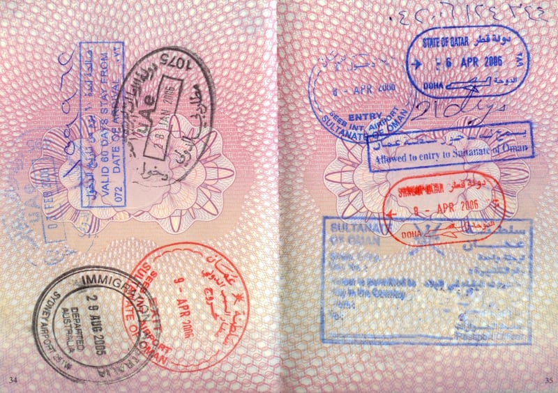 British Passport with stamps from Australia Oman, UAE, Qatar (Getty Images) *** Local Caption ***  on18au-passport-stamps.jpg