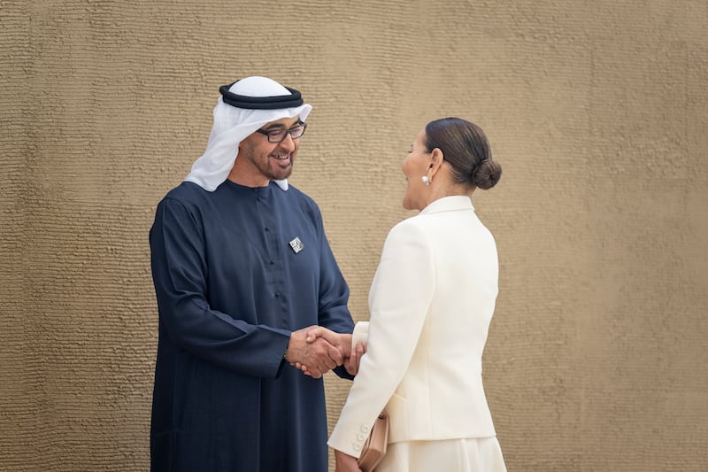 President Sheikh Mohamed greets Princess Lalla Hasna of Morocco at Cop28. Rashed Al Mansoori / UAE Presidential Court