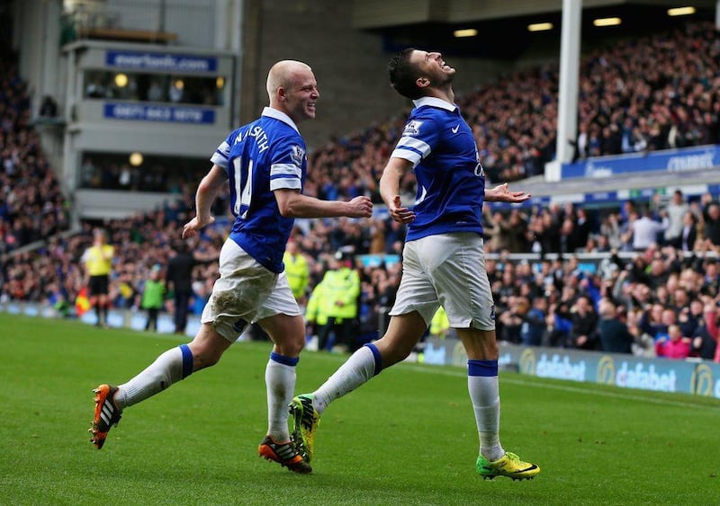 Kevin Mirallas of Everton celebrates scoring the third goal during their Premier League win over Arsenal on Sunday. Alex Livesey / Getty Images / April 6, 2014