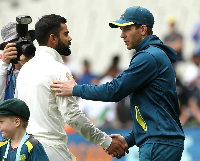 epa07253665 Virat Kohli of India (L) shakes hands with Tim Paine (R) of Australia after India's victory on day five of the Boxing Day Test match between Australia and India at the Melbourne Cricket Ground (MCG) in Melbourne, Australia, 29 December 2018.  EPA/HAMISH BLAIR EDITORIAL USE ONLY, NO USE IN BOOKS, NEWS REPORTING PURPOSES ONLY AUSTRALIA AND NEW ZEALAND OUT