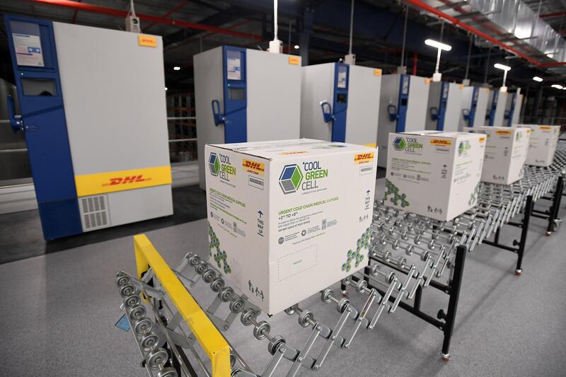 Packaging and fridges used to store Covid-19 vaccine are seen at a DHL facility in Sydney, Australia. EPA