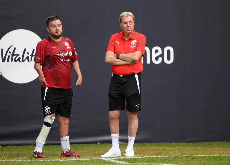 Alex Brooker and Harry Redknapp during a Soccer Aid training session. Getty