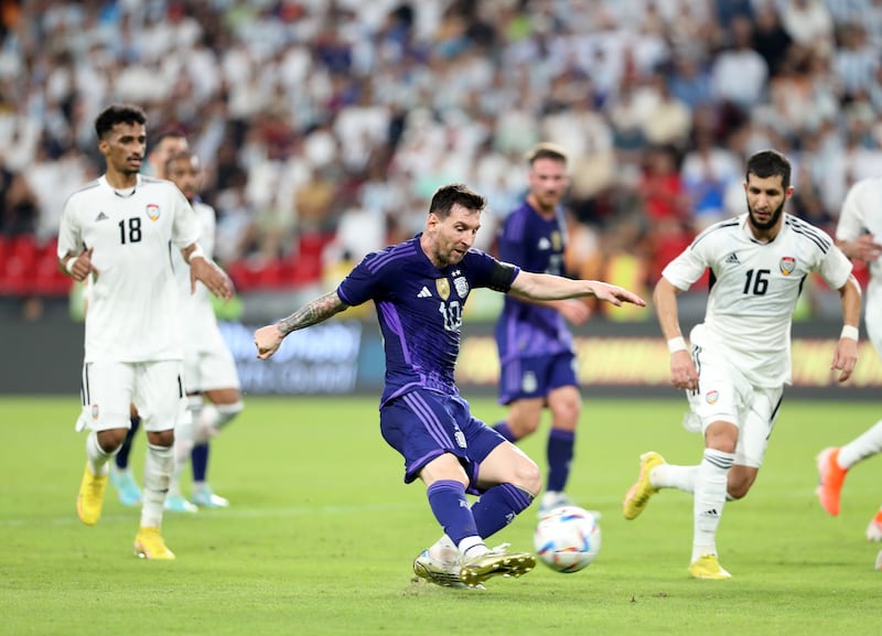 Lionel Messi scores for Argentina in a friendly against the UAE at the Mohamed bin Zayed Stadium in Abu Dhabi on Wednesday night. All photos: Chris Whiteoak / The National