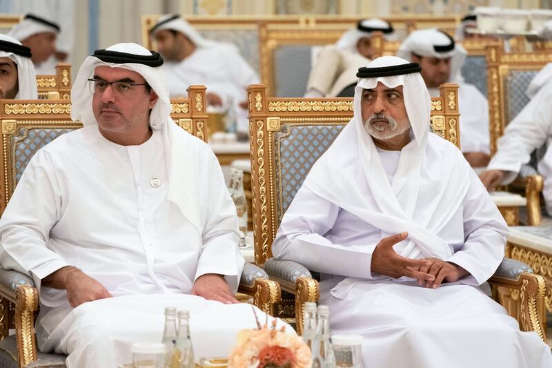 ABU DHABI, UNITED ARAB EMIRATES - May 08, 2019: 
HH Sheikh Mohamed bin Khalifa Al Nahyan, Abu Dhabi Executive Council Member (L) and HH Sheikh Nahyan bin Mubarak Al Nahyan, UAE Minister of State for Tolerance (R), attend an Iftar reception at Qasr Al Watan. 

( Abdullah Al Junaibi for the Ministry of Presidential Affairs )
---