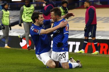 Everton's Bernard (R) celebrates after scoring the winner against Tottenham. EPA