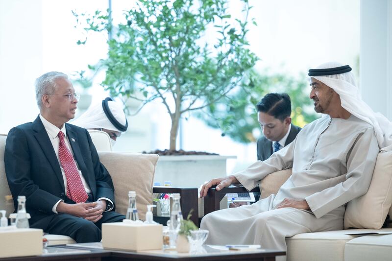 President Sheikh Mohamed meets Malaysian Prime Minister Ismail Sabri Yaakob at Al Shati Palace. All photos: UAE Presidential Court
