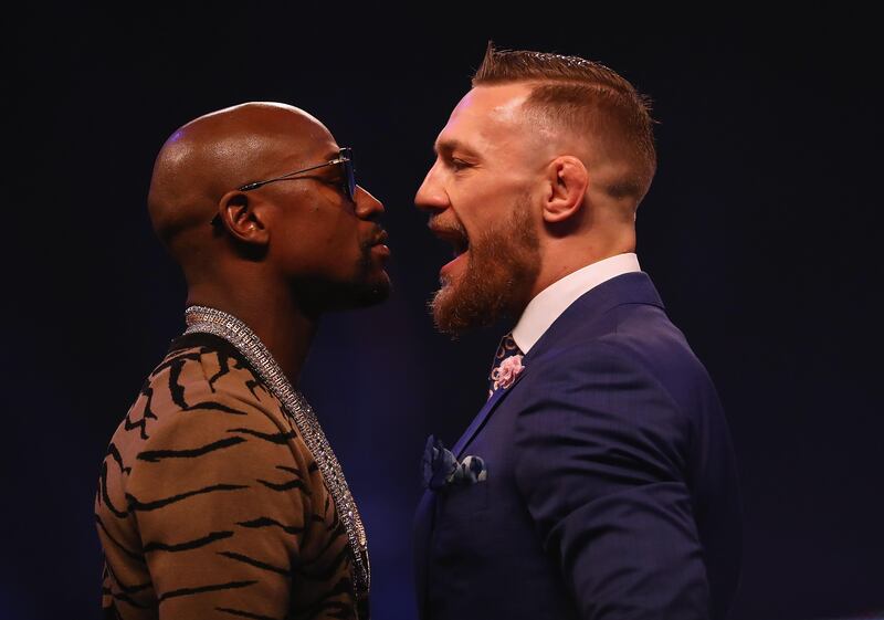 LONDON, ENGLAND - JULY 14:  Floyd Mayweather Jr. and Conor McGregor come face to face during the Floyd Mayweather Jr. v Conor McGregor World Press Tour at SSE Arena on July 14, 2017 in London, England.  (Photo by Matthew Lewis/Getty Images)