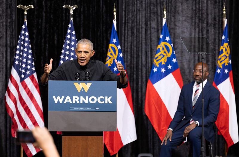 Former US president Barack Obama tells rally goers at the Pullman Yards in Atlanta, Georgia, that Republican Herschel Walker is not prepared to serve. EPA