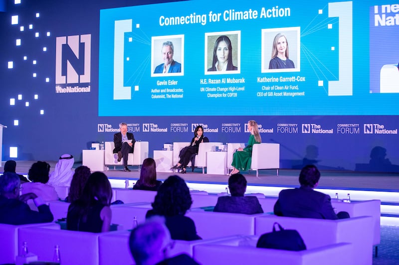 From left, Gavin Esler, Razan Al Mubarak, UN climate change high-level champion for Cop28 and Katherine Garrett-Cox, chairwoman of Clean Air Fund and chief executive of GIB Asset Management at the forum