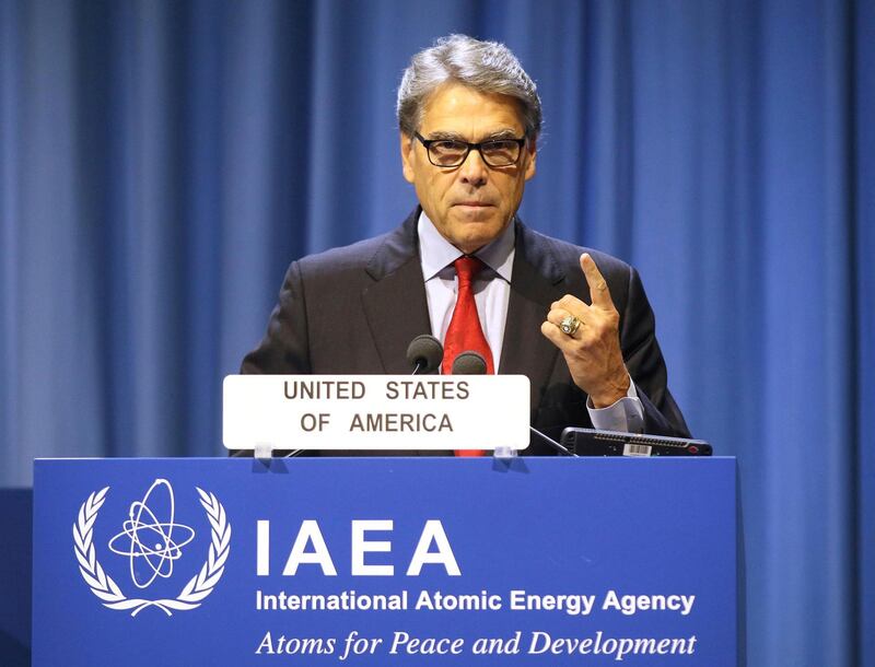 U.S. Energy Secretary Rick Perry delivers his speech at opening of the general conference of the International Atomic Energy Agency, IAEA, at the International Center in Vienna, Austria, Monday, Sept. 16, 2019. (AP Photo/Ronald Zak)
