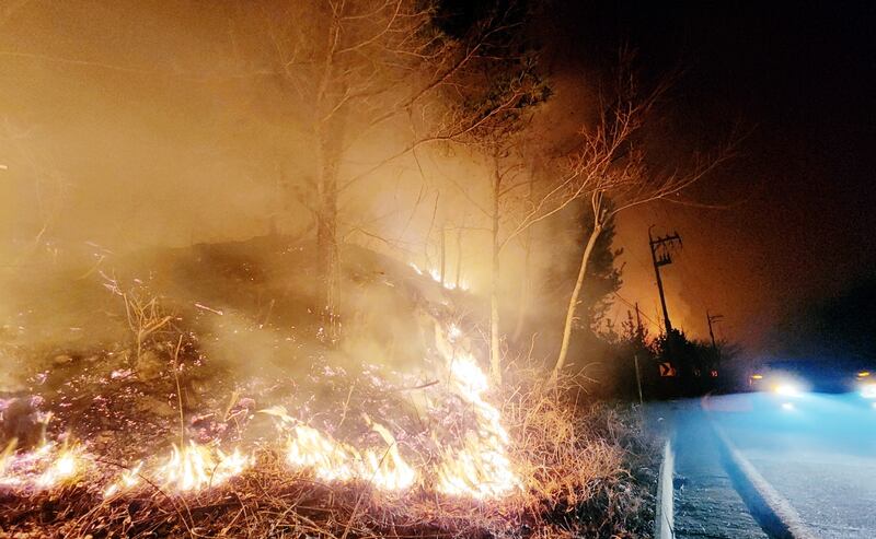 Fire burns ferociously at the side of a road. EPA