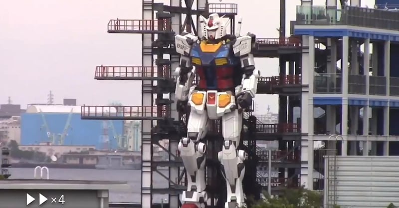 The rocket-sized Gundam robot comes to 'life' in Yokohama, Japan. Screenshot 