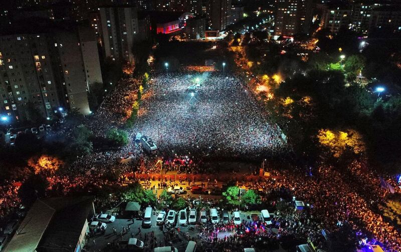 In this aerial photo supporters of Ekrem Imamoglu, the candidate of the secular opposition Republican People's Party, CHP, attend a celebratory rally in Istanbul.  AP