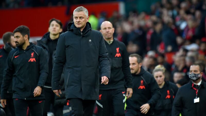 Manchester United manager Ole Gunnar Solskjaer leaves the field at half time. AP Photo