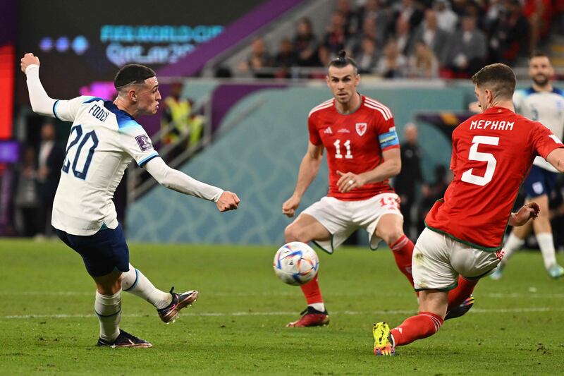 England's Phil Foden strikes the ball. AFP