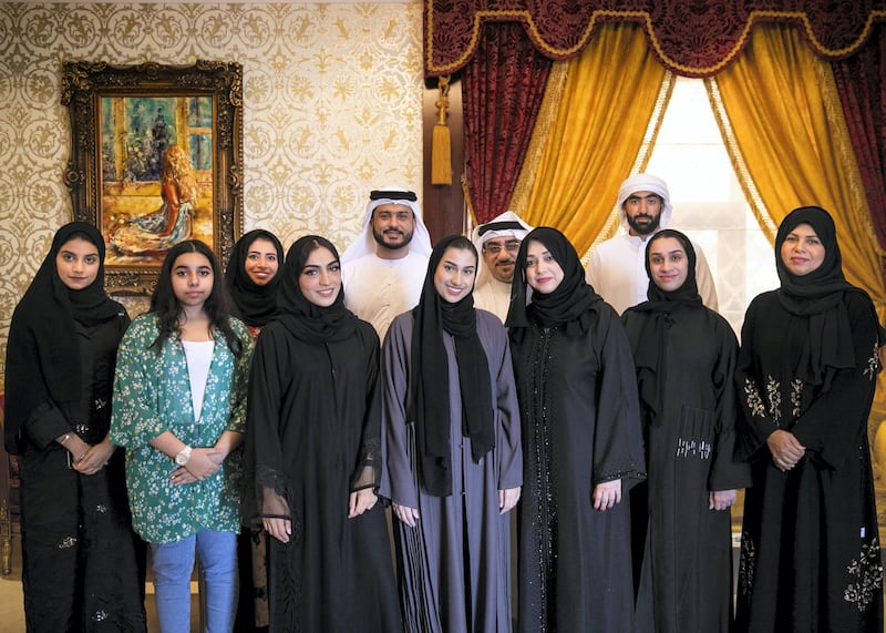 DUBAI, UNITED ARAB EMIRATES. 5 OCTOBER 2020. 
Back row, from left: Badria Al Harmi, Saif Darwish, Mohieddin Al Bastaki, Saad Al Bastaki. Front row, from left: Aisha Al Harmi, Ghalia Al Harmi, Hamda Darwish, Ward Al Bastaki, Nehal Al Bastaki, Reem Al Bastaki, Azza Al Ghafri.

Dr Saif Darwish and his immediate and extended family are launching  a campaign to support the UAE's organ donor programme. Around 12 members of the family are currently registered as organ donors.
(Photo: Reem Mohammed/The National)

Reporter:
Section: