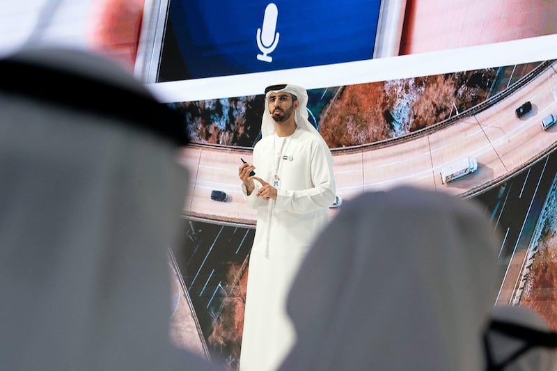 SAADIYAT ISLAND, ABU DHABI, UNITED ARAB EMIRATES - November 27, 2018: HE Omar bin Sultan Al Olama, UAE Minister of State for Artificial Intelligence (C), delivers a speech during the UAE Government Annual Meeting at the St Regis Saadiyat. 
( Ryan Carter / Ministry of Presidential Affairs )
---