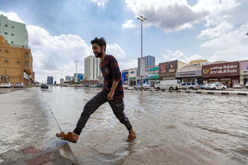 Ras Al Khaimah, United Arab Emirates - April 14, 2019: Flooding after a heavy night of rain in Ras Al Khaimah. Sunday the 14th of April 2019. Nakheel, Ras Al Khaimah. Chris Whiteoak / The National