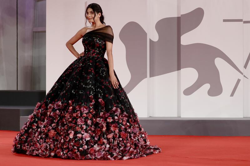 Dubai influencer Farhana Bodi wore Saudi Arabian label Eman Alajlan for the premiere of 'The Card Counter' during the 78th Venice International Film Festival on September 2, 2021. Getty Images