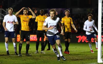 NEWPORT, WALES - JANUARY 27:  Harry Kane of Tottenham Hotspur celebrates after scoring his sides first goal during The Emirates FA Cup Fourth Round match between Newport County and Tottenham Hotspur at Rodney Parade on January 27, 2018 in Newport, Wales.  (Photo by Michael Steele/Getty Images)