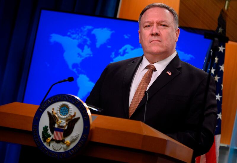 (FILES) In this file photo taken on March 25, 2020 US Secretary of State Mike Pompeo speaks during a press conference at the State Department in Washington, DC. US Secretary of State Mike Pompeo said January 11, 2021 he was placing Cuba back on a blacklist of state sponsors of terrorism, a last-minute roadblock to efforts by President-elect Joe Biden's to ease tensions.

 / AFP / ANDREW CABALLERO-REYNOLDS
